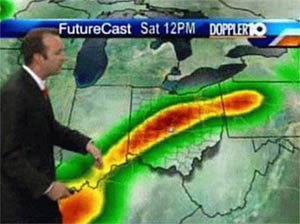 A weather man has a big red warm front